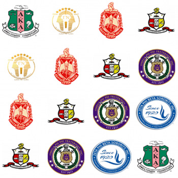 Shield graphics of several greek organizations.